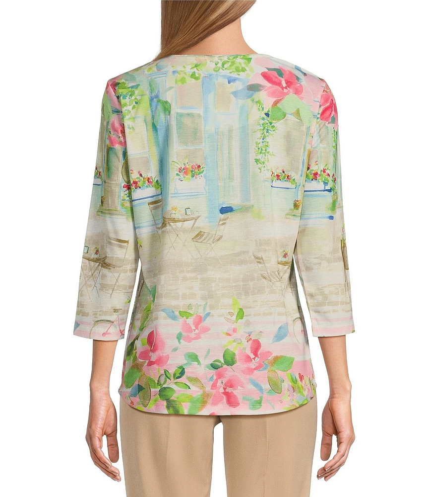 Allison Daley Petite Size Town Country Border Print 3/4 Sleeve Crew Neck Knit Top