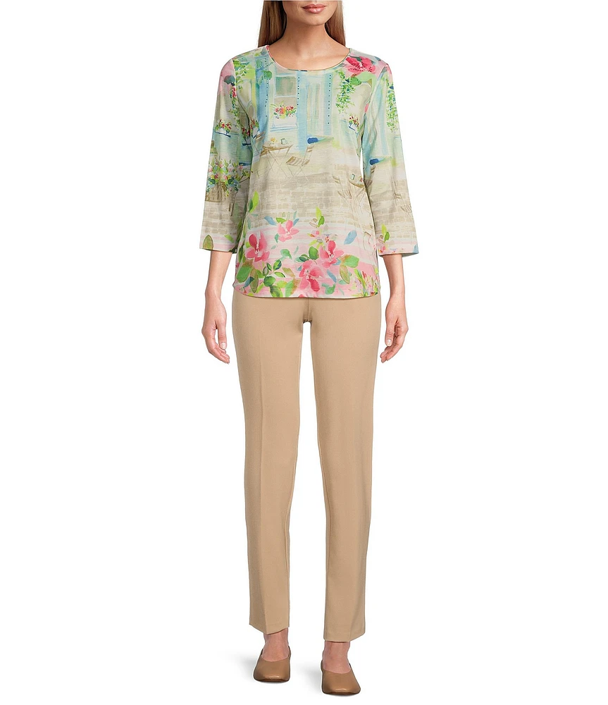 Allison Daley Petite Size Town Country Border Print 3/4 Sleeve Crew Neck Knit Top