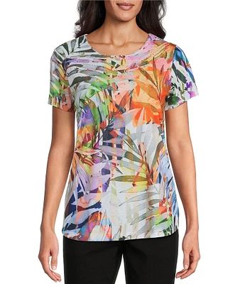 Allison Daley Petite Size Tropical Melange Print Short Sleeve Crew Neck Knit Top