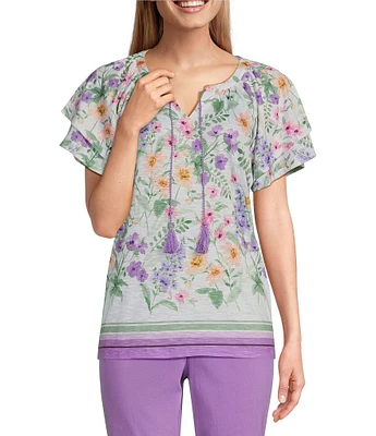 Allison Daley Petite Size Wildflower Border Print Flutter Sleeve Tassel Tie Neck Knit Top
