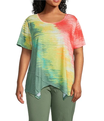 Allison Daley Plus Size Brushstroke Ombre Print Short Sleeve Crew Neck Handkerchief Hem Slub Jersey Knit Top