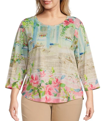 Allison Daley Plus Size Town Country Border Print 3/4 Sleeve Crew Neck Knit Top