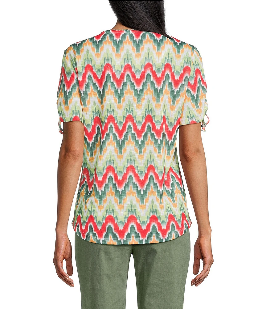 Allison Daley Serrated Ikat Print Short Ruched Tie Sleeve Crew Neck Slub Jersey Knit Top