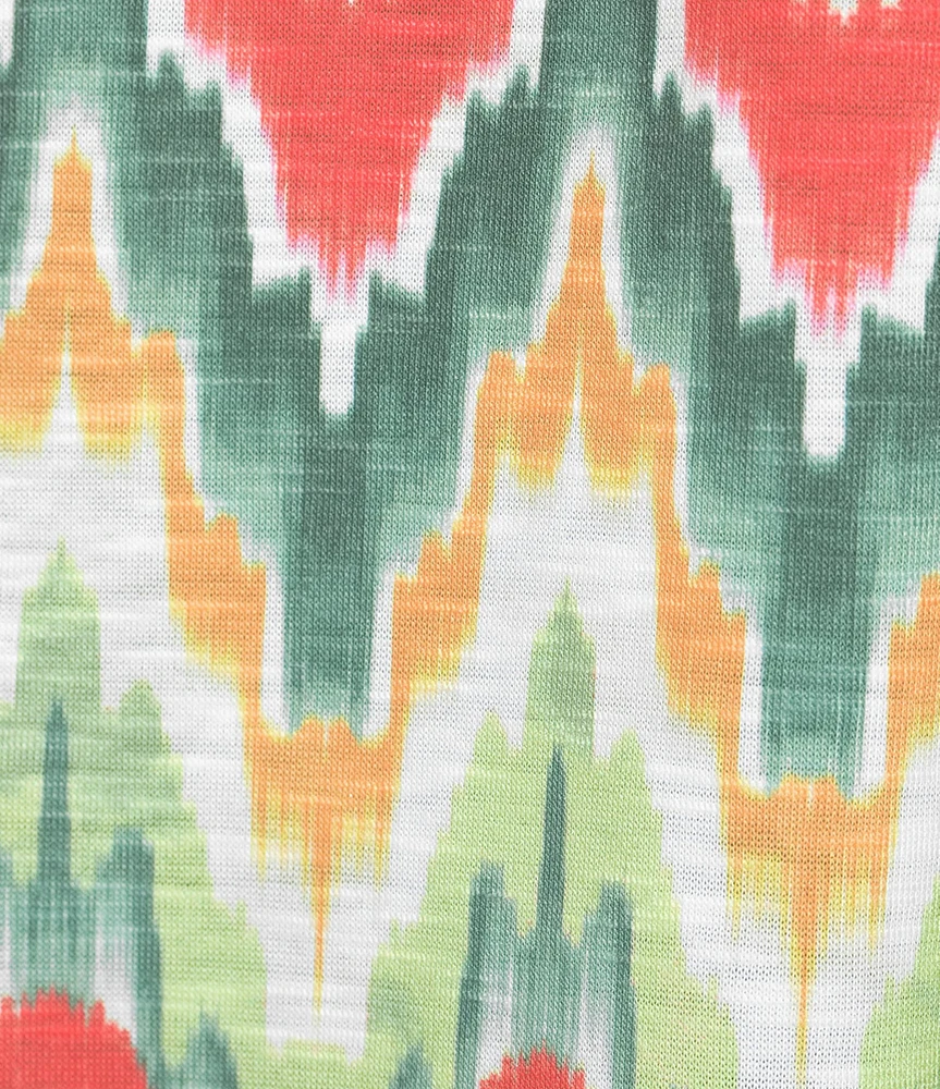 Allison Daley Serrated Ikat Print Short Ruched Tie Sleeve Crew Neck Slub Jersey Knit Top