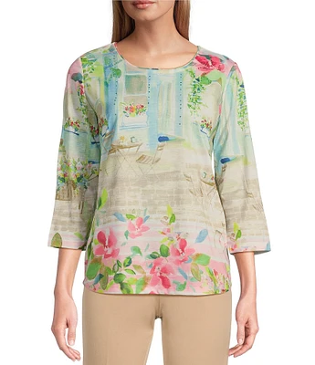 Allison Daley Town Country Border Print 3/4 Sleeve Crew Neck Knit Top