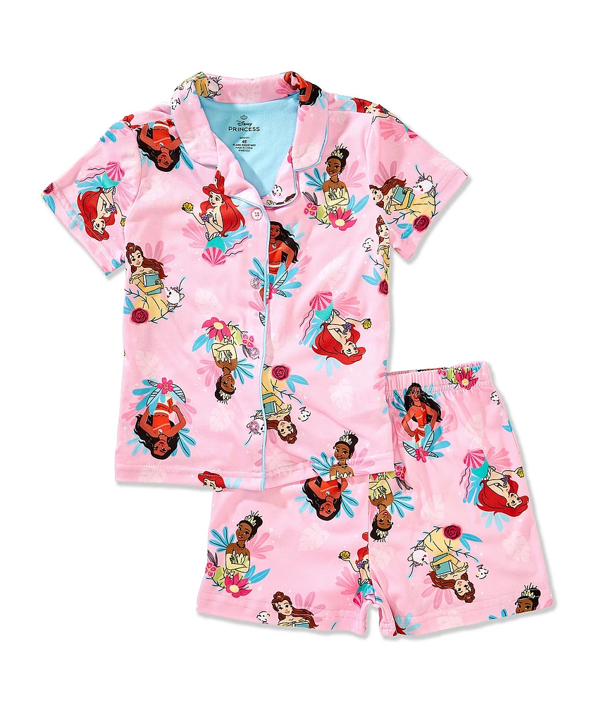 AME Disney Princess Little Girls Short Sleeve Royal Vacation Allover Print Top & Pajama Short 2-Piece Set