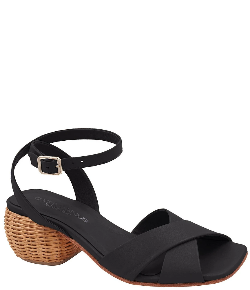Andre Assous Winona Leather Basket Weave Chunky Heel Sandals