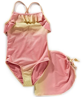 Angel Beach Big Girls Sleeveless Ombre Shimmer One-Piece & Sarong Skirt Two-Piece Swimsuit Set