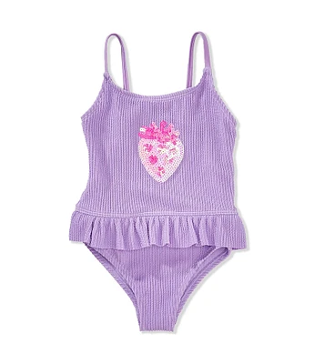 Angel Beach Little Girls Sequin-Embellished Strawberry-Motif Textured One-Piece Swimsuit