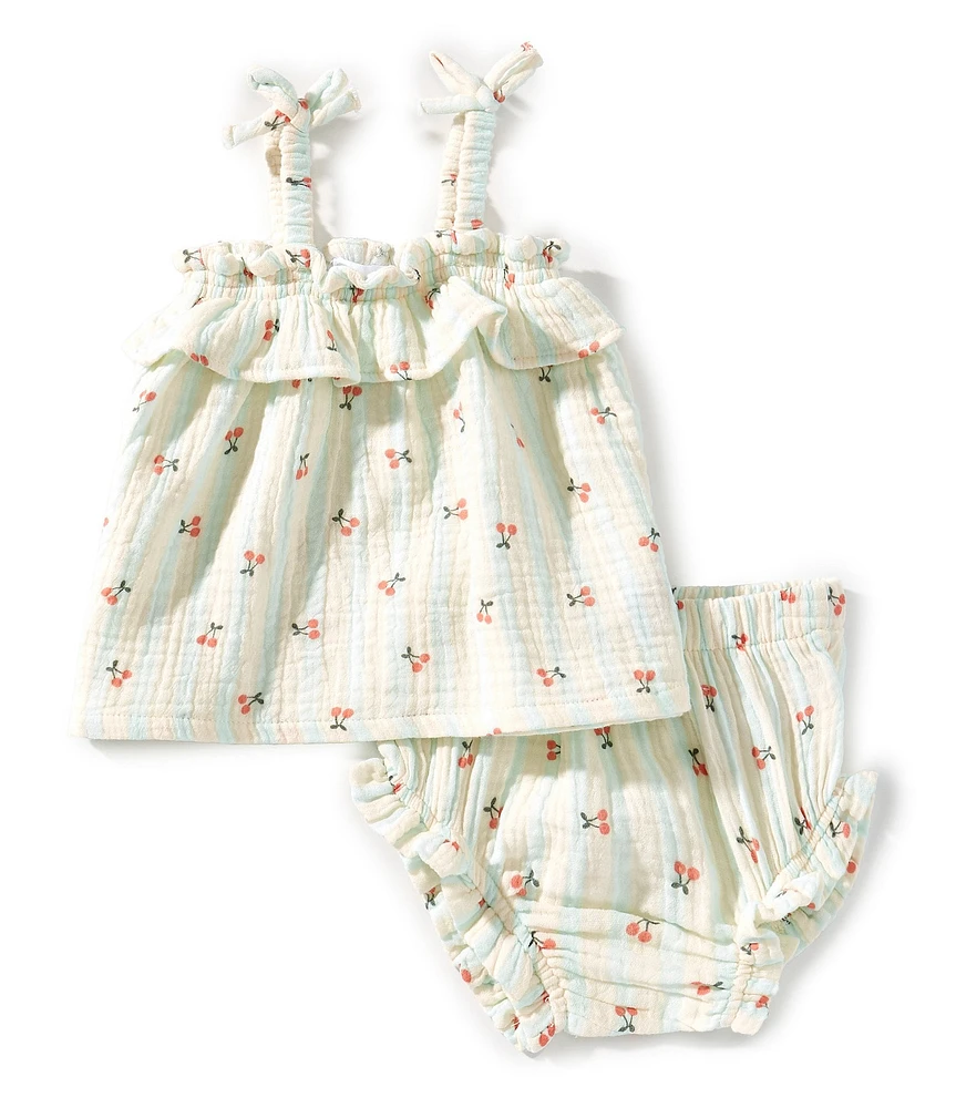 Angel Dear Baby Girls Cherry Stripe Ruffle Sleeveless Top & Matching Bloomer Set