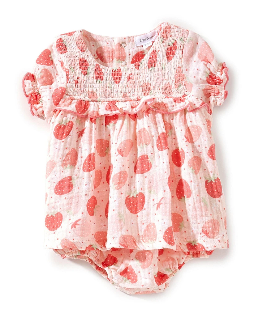 Angel Dear Baby Girls Strawberry Bliss Smocked Ruffle Bubble