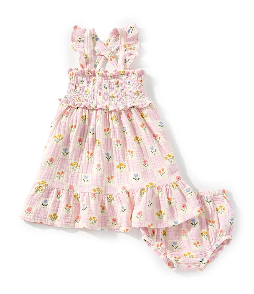 Angel Dear Baby Girls Floral Check Smocked Ruffle Sundress & Diaper Cover