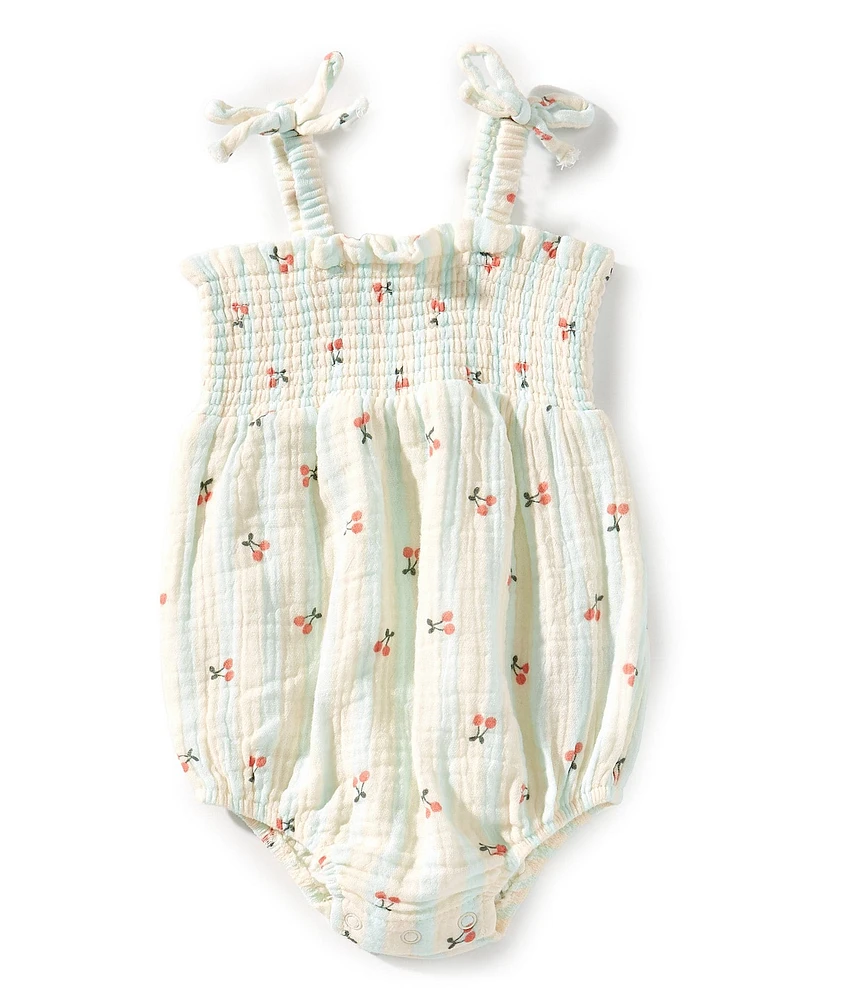 Angel Dear Baby Girls Cherry Stripe Tie Strap Smocked Romper