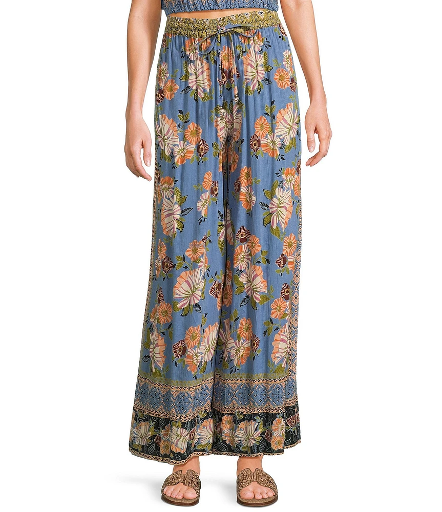 Angie Floral Border Print Elastic Waist Ruffle Hem Coordinating Pants