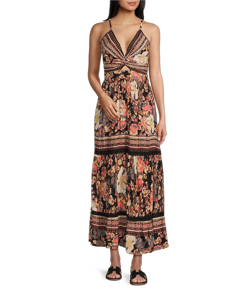 Angie Floral Border Print V-Neck Open Knot Front Maxi Dress