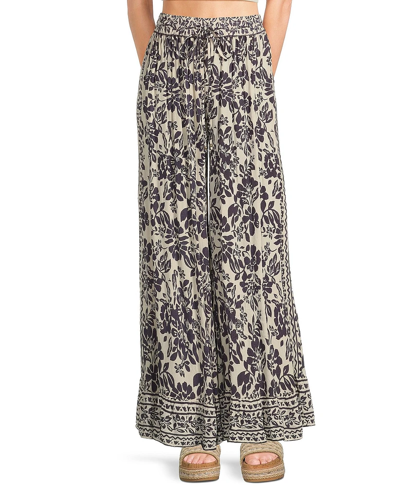 Angie Floral Print Flat Front Wide Leg Ruffle Hem Pants
