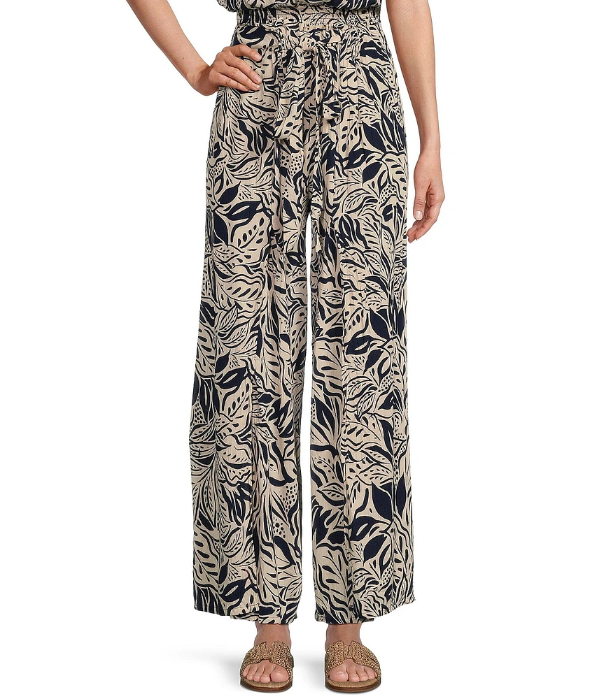 Angie Floral Print Mid Rise Elastic Waist Split Wide Leg Pants