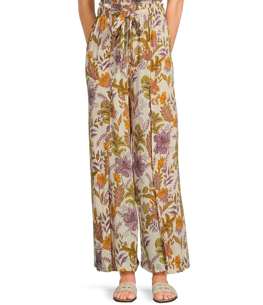 Angie Floral Print Mid Rise Elastic Waist Split Coordinating Wide Leg Pants