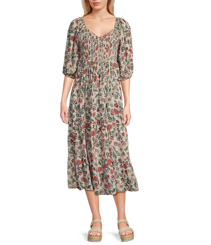 Angie Floral Print Sweetheart Neck 3/4 Sleeve Multi-Floral Smocked Bodice Midi Dress
