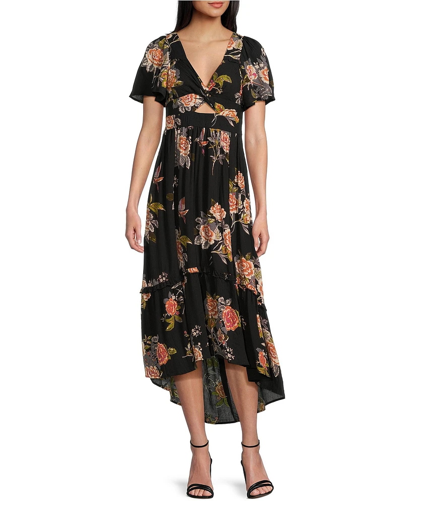 Angie Multi Floral Print V-Neck Short Sleeve Knot Front Keyhole Front Slit Maxi Dress
