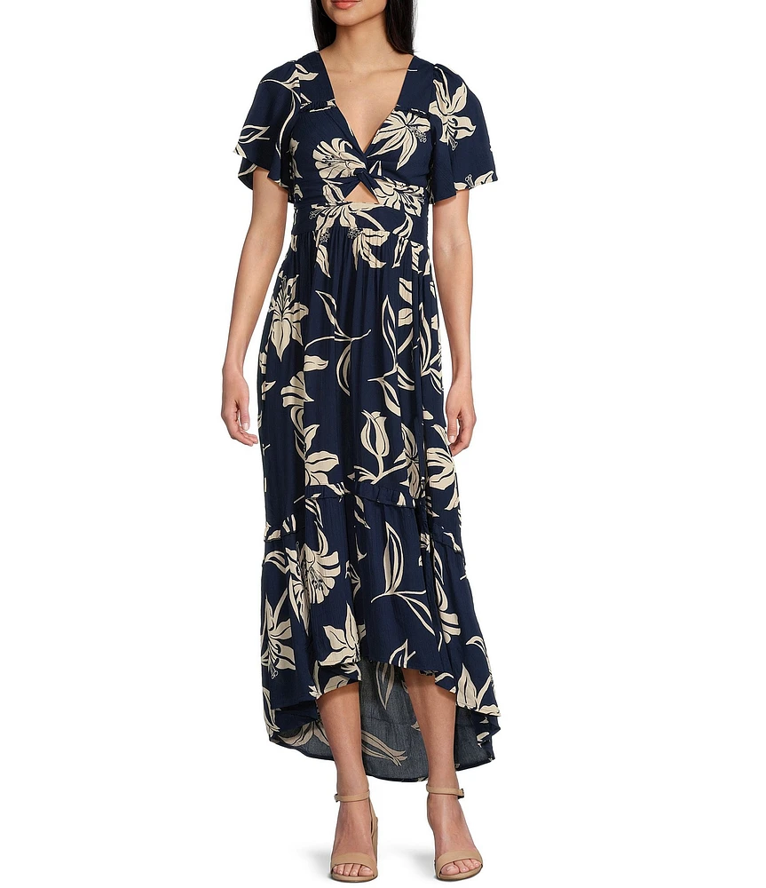 Angie Floral Print V-Neck Short Sleeve Knot Front Keyhole Front Slit Maxi Dress