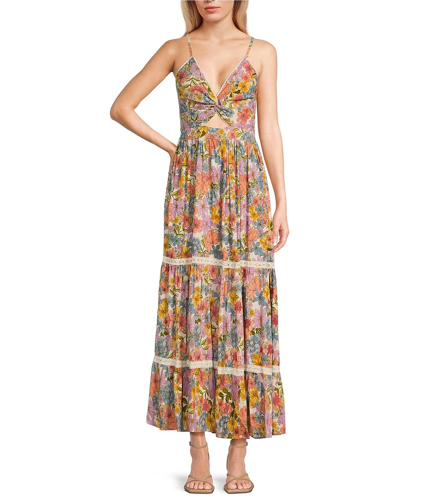 Angie Floral Print V-Neck Sleeveless Knot Front Tiered Crochet Trim Maxi Dress
