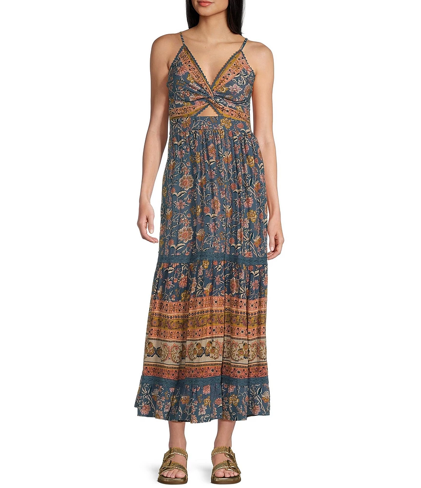 Angie Floral Print V-Neck Spaghetti Strap Knot Front Crochet Trim Maxi Dress