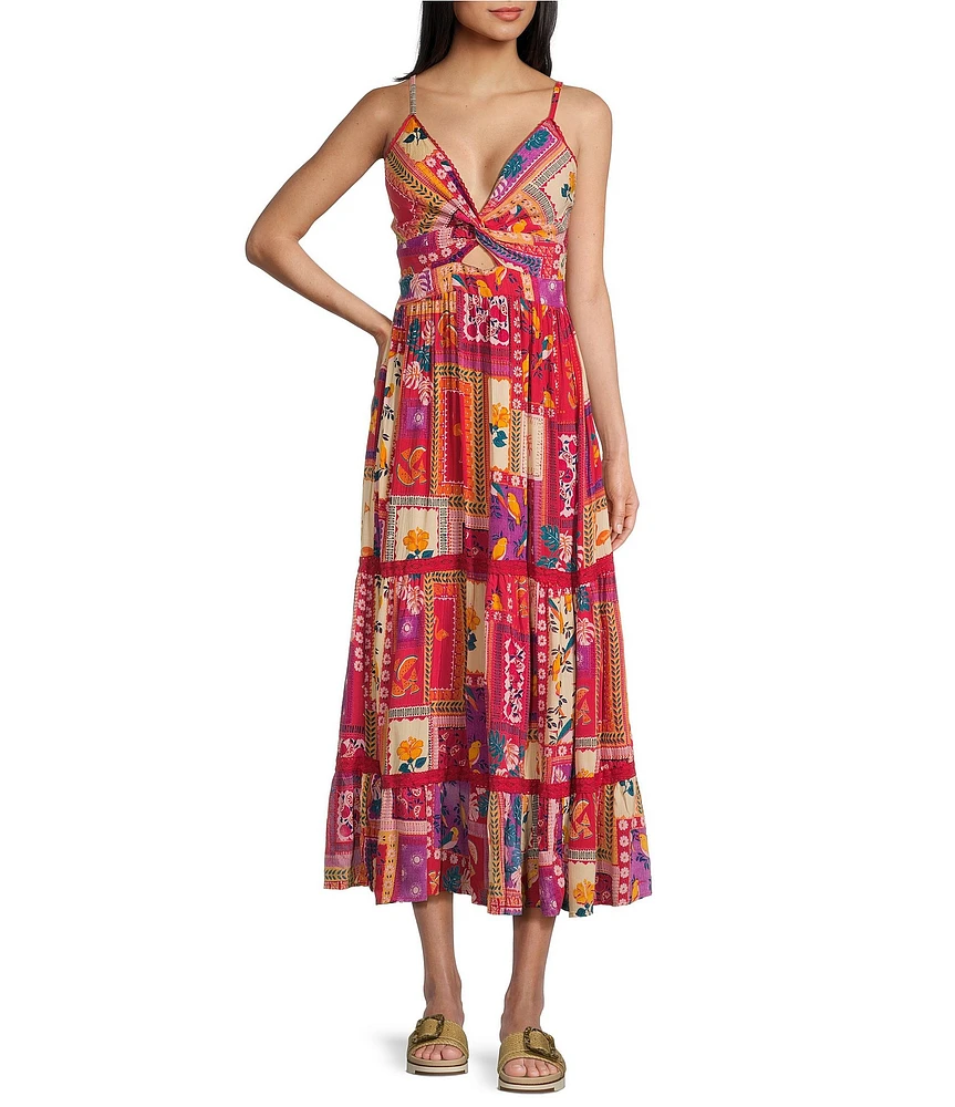 Angie Patchwork Print V-Neck Sleeveless Knot Front Tiered Crochet Trim Maxi Dress