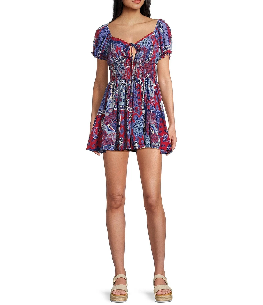Angie Short Sleeve V-Neck Tie Front Patch Romper