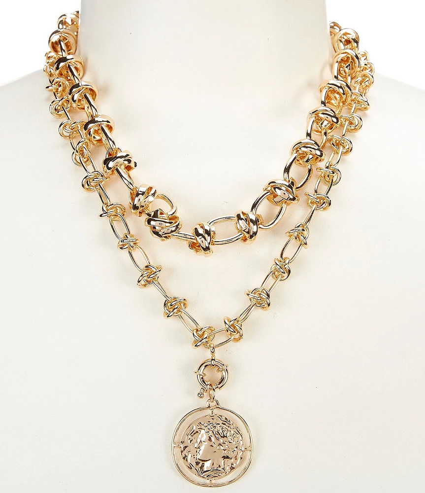 Anna & Ava Oversized Multi Strand Chain Link Disc Pendant Statement Necklace