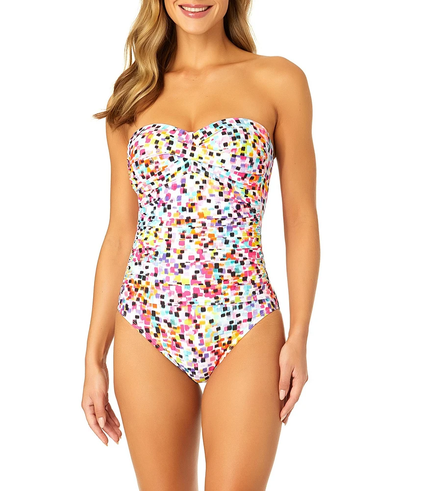 Anne Cole Abstract Dot Twist Front Strapless Bandeau One Piece Swimsuit