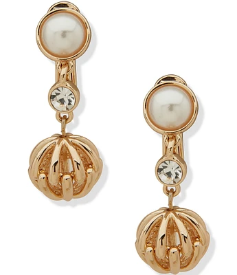 Anne Klein Gold Tone Pearl Clip Double Drop Earrings