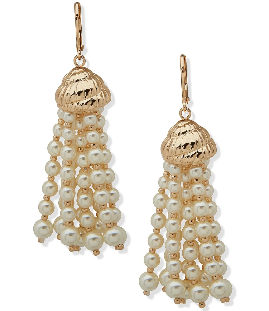 Anne Klein Gold Tone Pearl Shell Dome Tassel Earrings