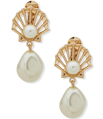 Anne Klein Gold Tone Pearl Shell Motif Baroque Pearl Clip Drop Earrings