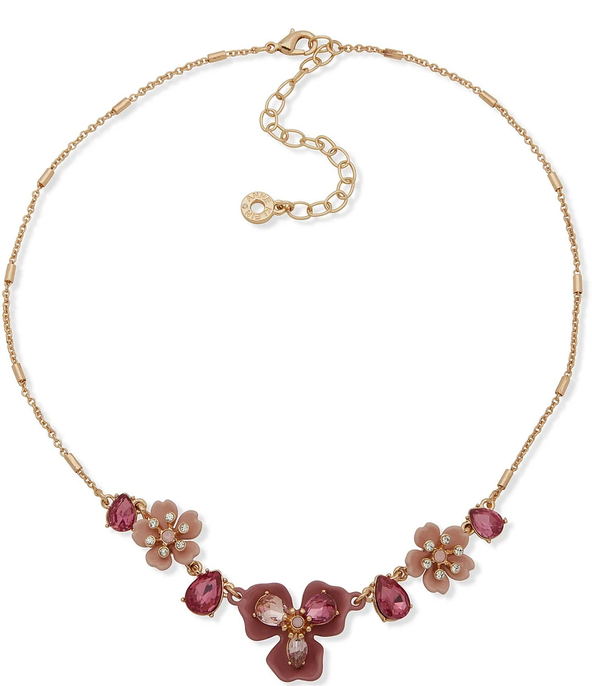 Anne Klein Gold Tone Pink Multi Flower Stone Frontal Collar Necklace