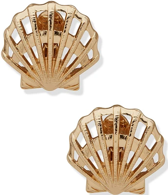 Anne Klein Gold Tone Shell Motif Button Clip-On Earrings