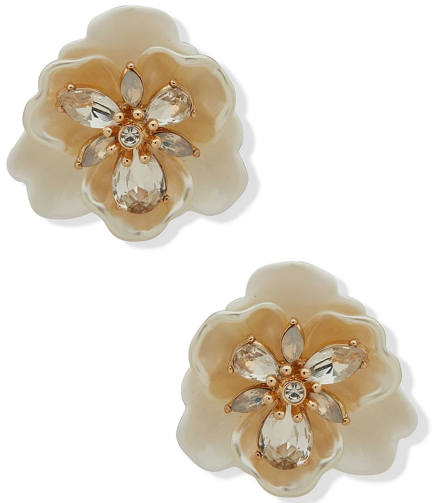 Anne Klein Gold Tone White Crystal Flower Button Clip Drop Earrings