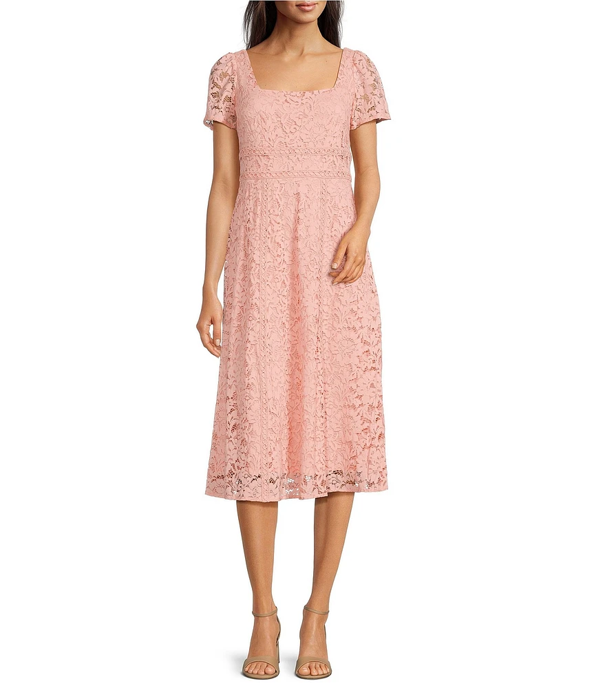 Anne Klein Lace Square Neck Short Puff Sleeve A-Line Midi Dress