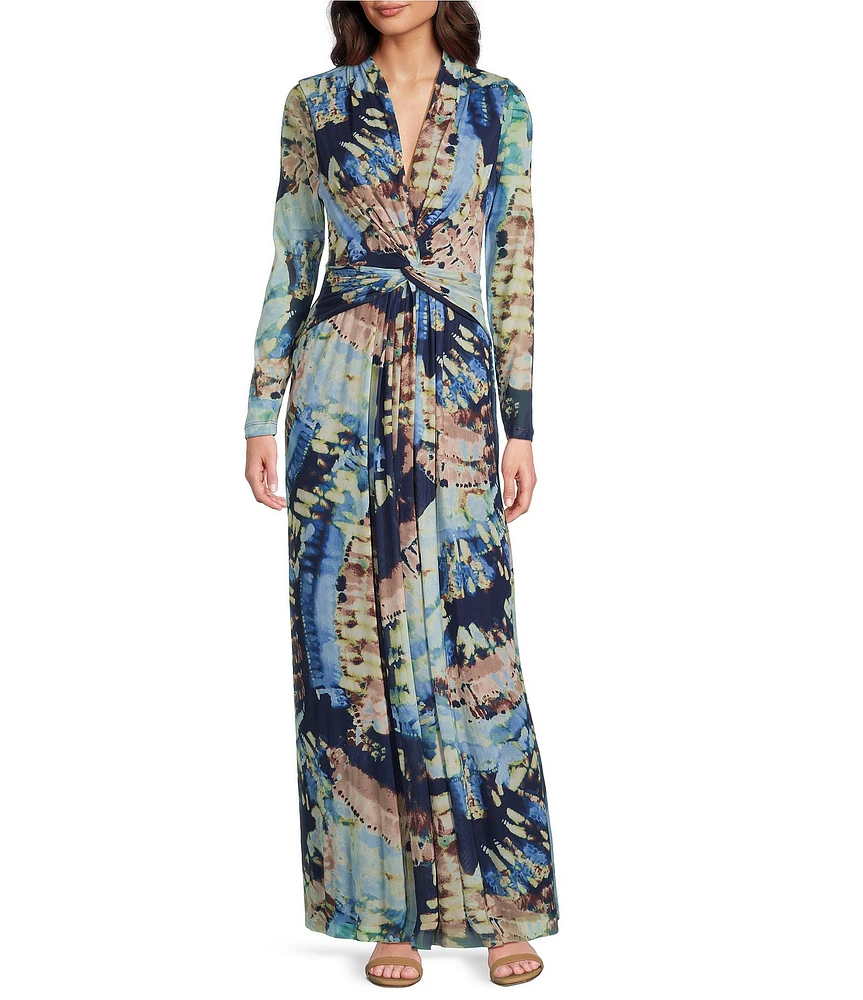 Anne Klein Long Sleeve V-Neck Twist Front Printed Mesh A-Line Maxi Dress