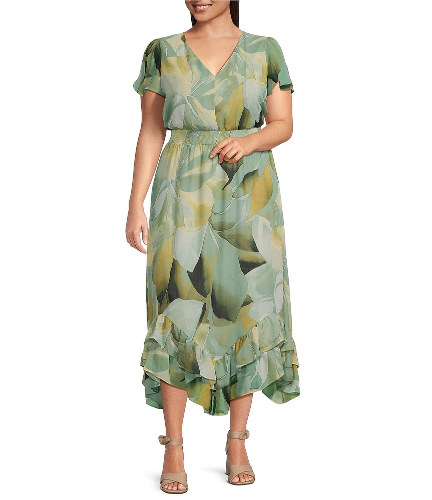 Anne Klein Plus Size Chiffon V-Neck Flutter Sleeve Tea Length Dress
