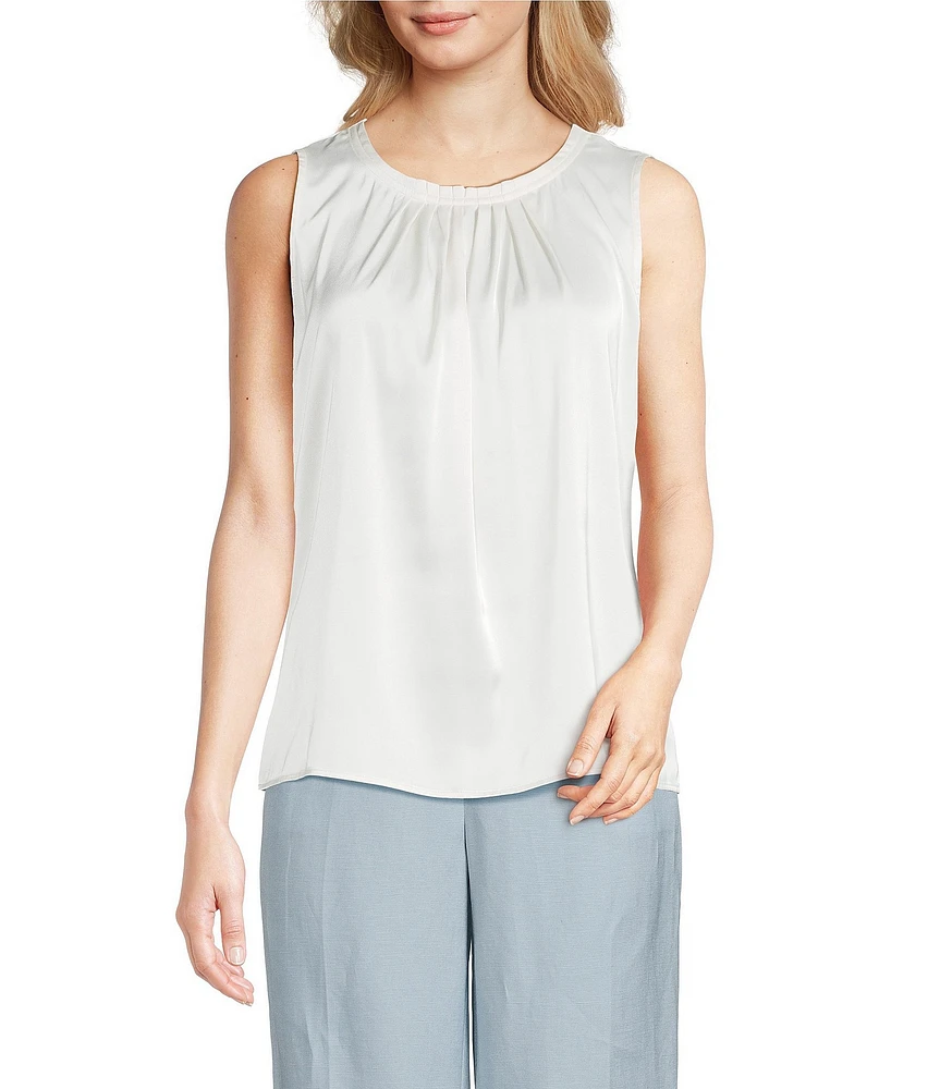Anne Klein Round Neck Sleeveless Pleated Neck Blouse