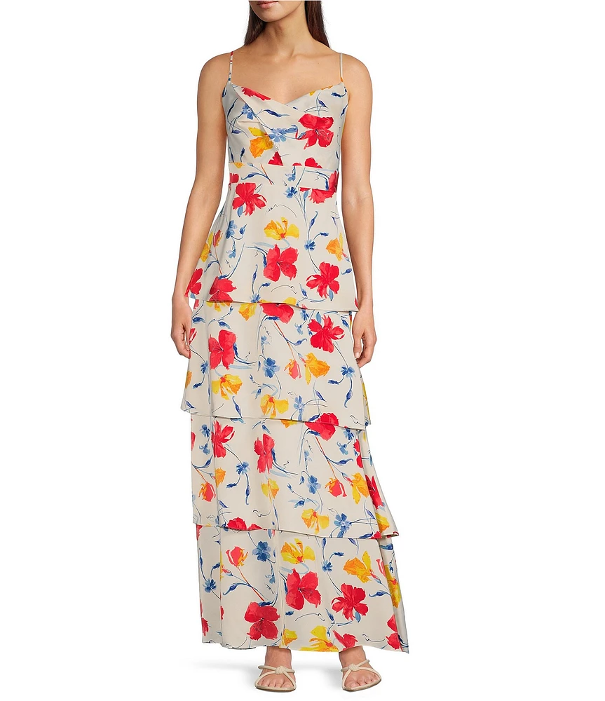 Anne Klein Satin Floral Print V-Neck Sleeveless Tiered A-Line Maxi Dress