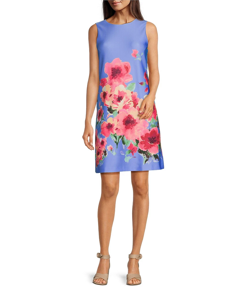 Anne Klein Scuba Floral Print Crew Neck Sleeveless Shift Mini Dress