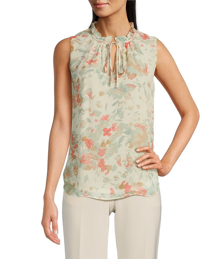 Anne Klein Sleeveless Ruffle Neck Floral Print Blouse
