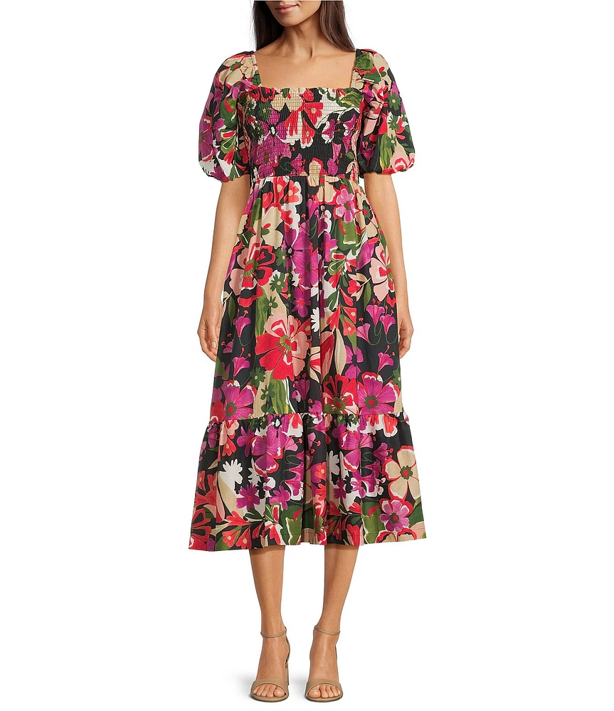 Anne Klein Square Neck Puff Sleeve Smocked Floral Printed Cotton Voile A-Line Midi Dress
