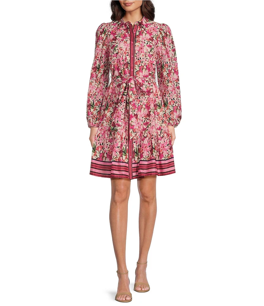 Anne Klein Voile Floral Print Point Collar Neck Long Sleeve Waist Tie Button Front Shirt Mini Dress