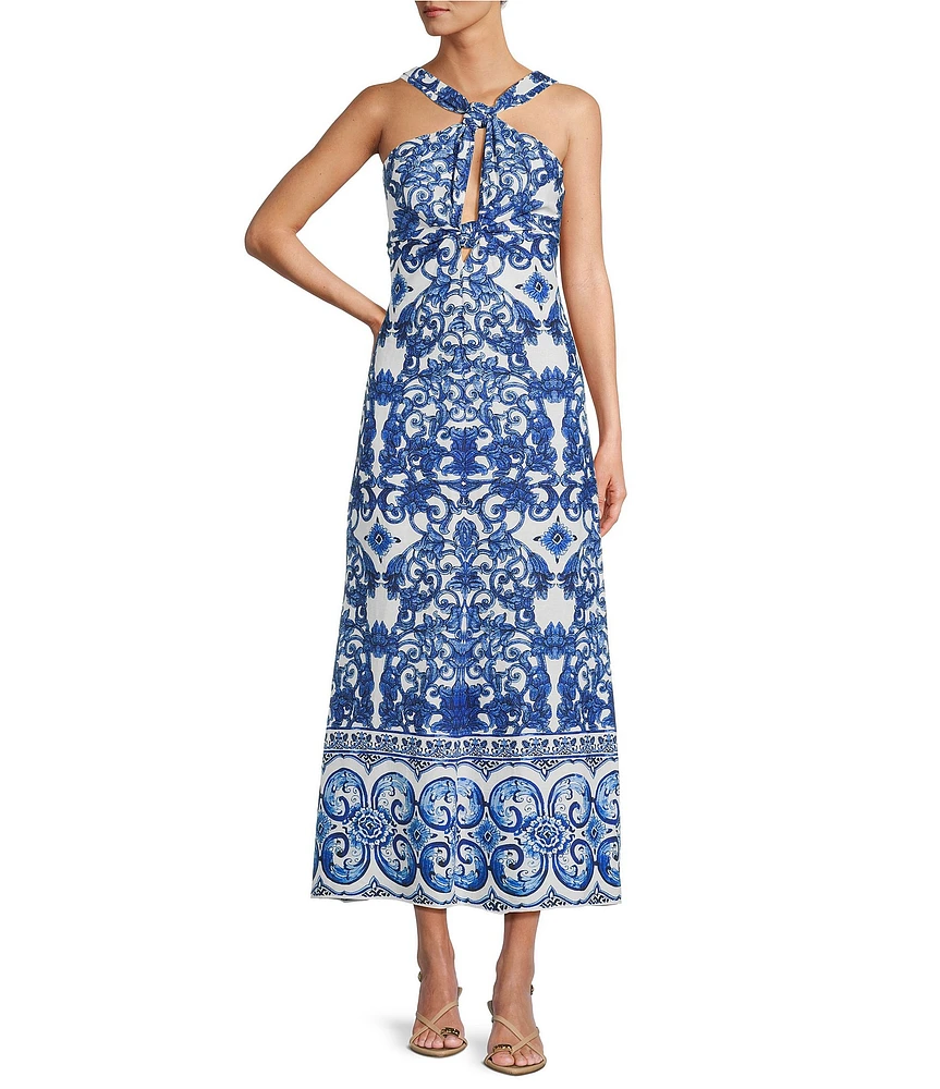 Antonio Melani Bronwyn Blue Tile Print Linen Blend Halter Neck A-Line Maxi Dress