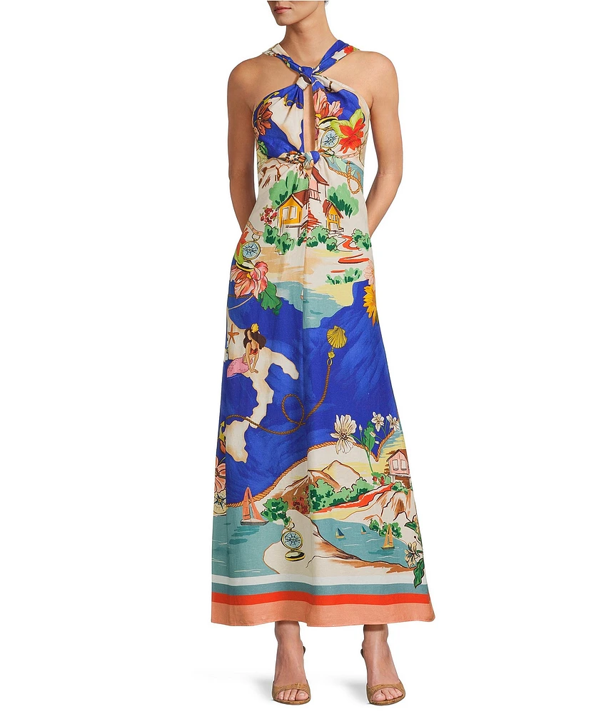 Antonio Melani Bronwyn Linen Blend Ocean Print Cutout Halter A-Line Maxi Dress