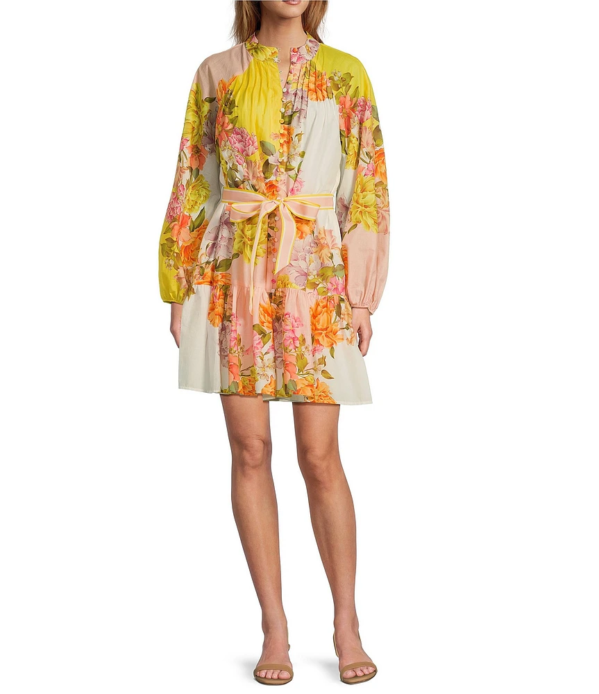 Antonio Melani Brynn Floral Print Dress Mock Neck Long Sleeve Self-Tie Button Front Dress