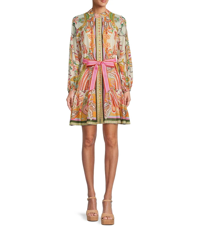 Antonio Melani Brynn Pink Scarf Floral Border Print Mock Neck Long Sleeve  Self-Tie Belted Tiered Hem Button Front Dress | Pueblo Mall